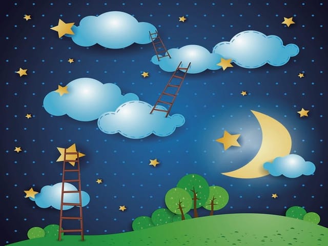 Fototapeta Chmury i Drabiny na Nocnym Niebie (mpn: 2650) Fototapeta z chmurami, drabinami i gwiazdami na nocnym niebie