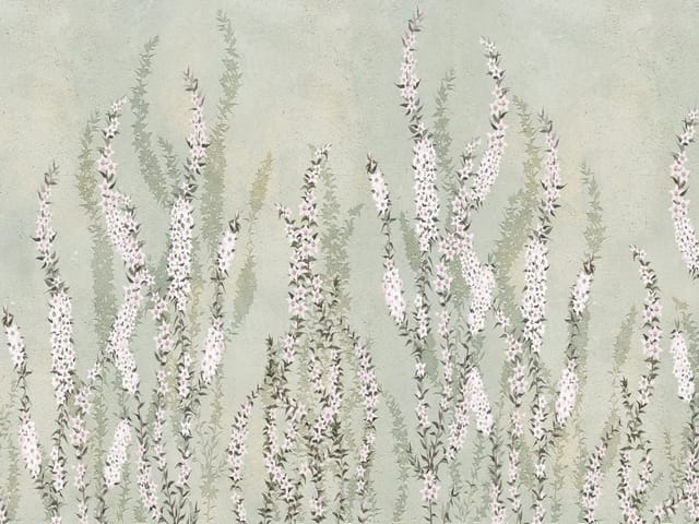 Fototapeta z wysokimi kwiatami i drobnymi liśćmi na jasnym tle