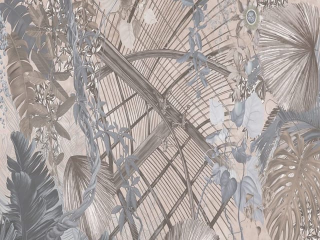 Fototapeta z szklaną kopułą, liśćmi palmowymi i pnączami roślin