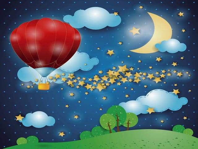 Fototapeta Czerwony Balon w Nocnym Niebie (mpn: 2652) Fototapeta z czerwonym balonem na tle nocnego nieba z gwiazdami