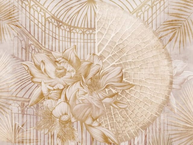 Fototapeta Kwiaty i Liście na Pastelowym Tle (kod: 26522) Fototapeta z dużymi kwiatami i liśćmi palmowymi na pastelowym tle