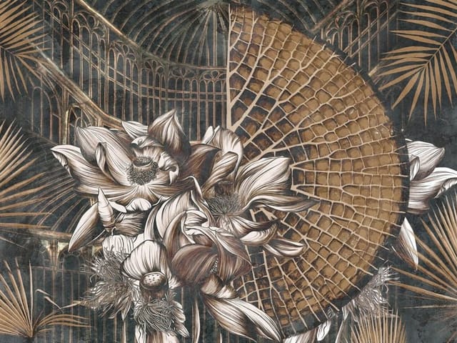 Fototapeta z dużymi kwiatami i liśćmi palmowymi na ciemnym tle