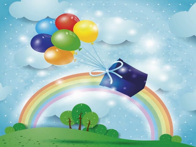 Fototapeta Balony z Prezentem na Tle Tęczy (mpn: 2653) Fototapeta z balonami unoszącymi prezent, tęczą i zielonymi wzgórzami