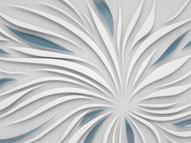 Fototapeta z abstrakcyjnymi białymi i niebieskimi liśćmi na szarym tle