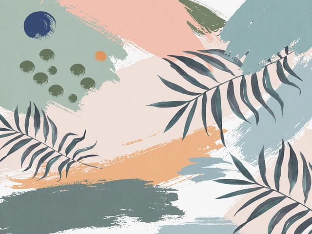 Fototapeta z liśćmi palmowymi na abstrakcyjnym tle z pastelowymi plamami