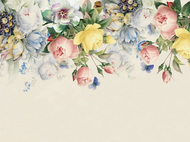 Fototapeta z bukietem różowych róż, żółtych kwiatów i zielonych liści