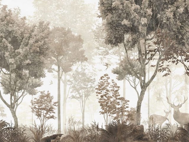 Fototapeta przedstawiająca las z gęstymi drzewami, jelenie i mgłę