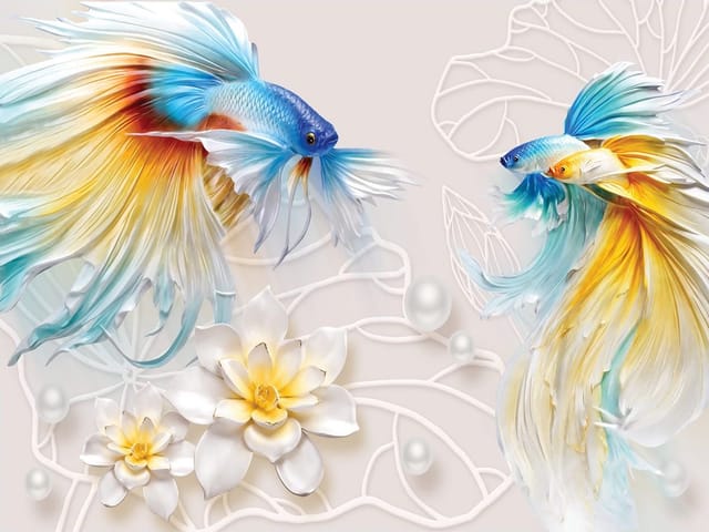 Fototapeta z dwiema kolorowymi rybami bojownikami, kwiatami i perłami
