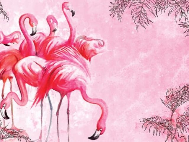 Fototapeta z grupą różowych flamingów na jasnym tle z liśćmi