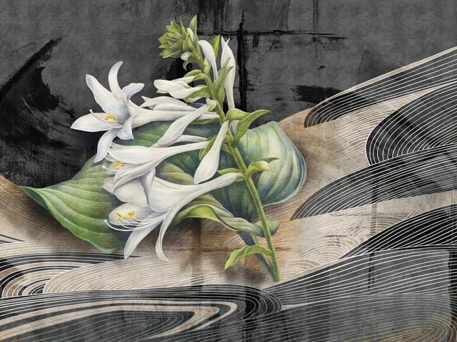 Fototapeta z bukietem białych kwiatów na zielonych liściach, abstrakcyjne tło