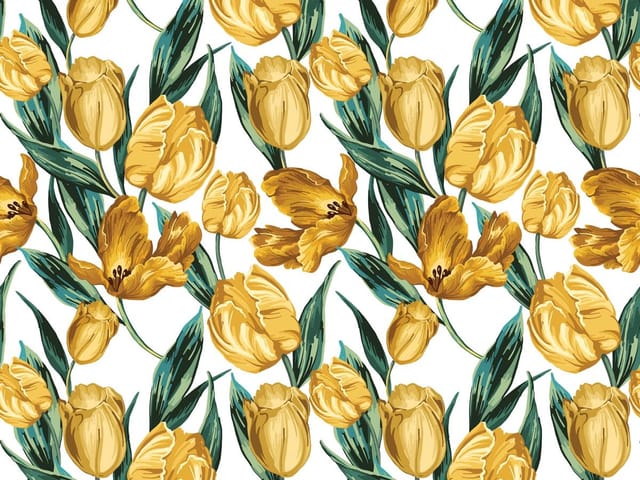 Fototapeta z żółtymi tulipanami i zielonymi liśćmi na białym tle