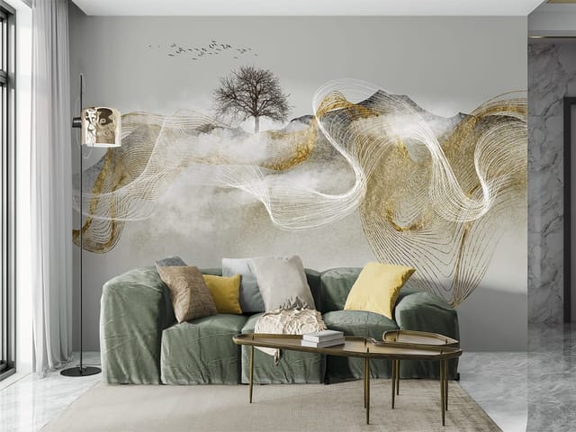 Fototapeta z drzewem na wzgórzu, górami i falistymi liniami