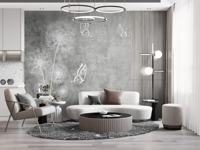 Fototapeta z dużymi białymi dmuchawcami na szarym tle