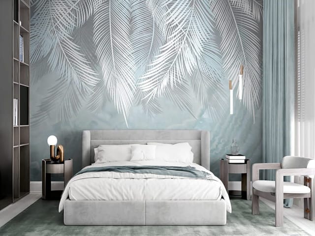 Fototapeta z białymi liśćmi palmowymi na szarym tle z delikatnymi liniami