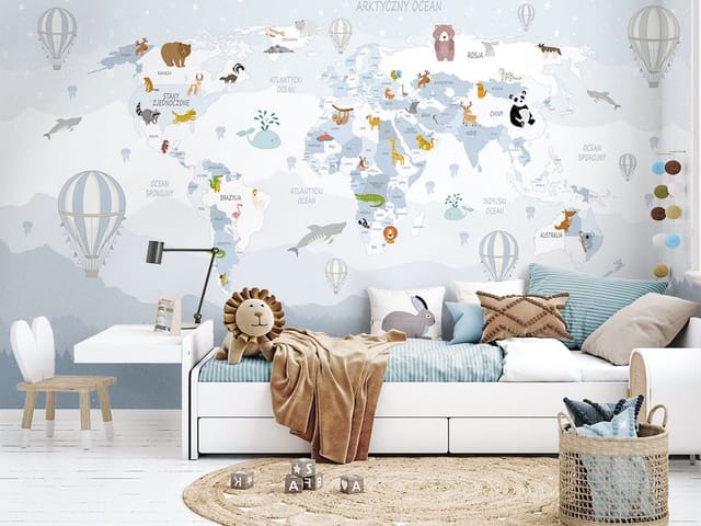 Fototapeta Ilustrowana mapa świata z balonami (kod: 26703) Fototapeta Ilustrowana mapa świata z balonami