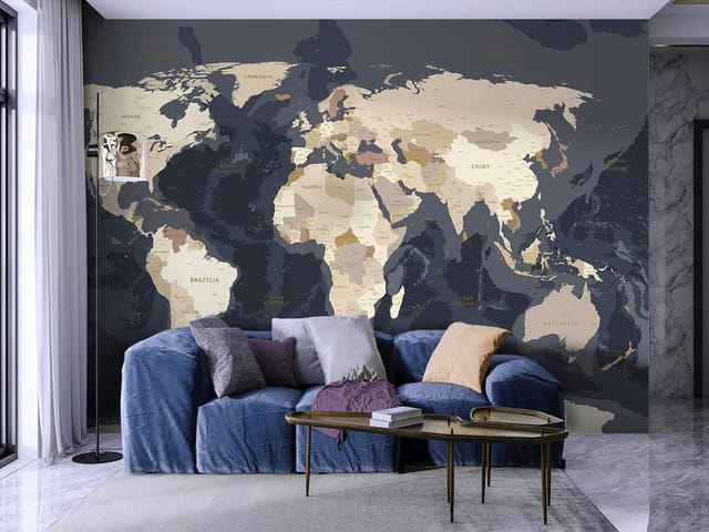 Fototapeta Mapa świata z kontynentami (kod: 26707) Fototapeta z mapą świata, kontynenty w jasnych kolorach, ciemne oceany