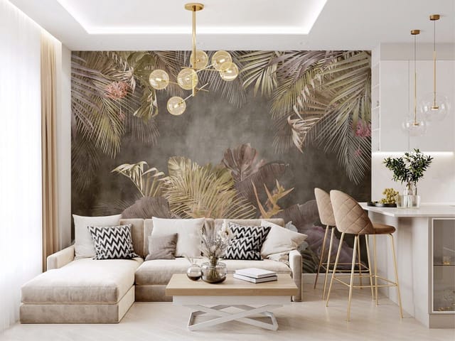 Fototapeta z liśćmi tropikalnych roślin i orchideami na ciemnym tle