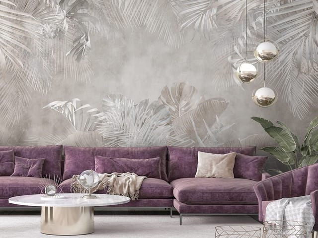 Fototapeta z dużymi liśćmi palmowymi i kwiatami orchidei na jasnym tle