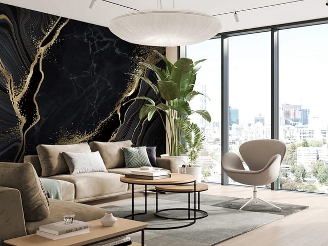 Fototapeta Abstrakcyjne wzory z marmurem (kod: 26750) Fototapeta z czarnym marmurem i złotymi liniami, faliste kształty