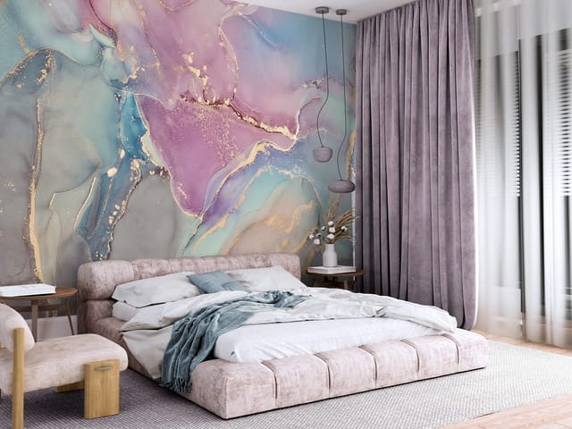 Fototapeta Kolorowe Plamy w Fiolecie i Niebieskim (kod: 26757) Fototapeta z abstrakcyjnymi plamami w odcieniach fioletu i niebieskiego z złotymi liniami