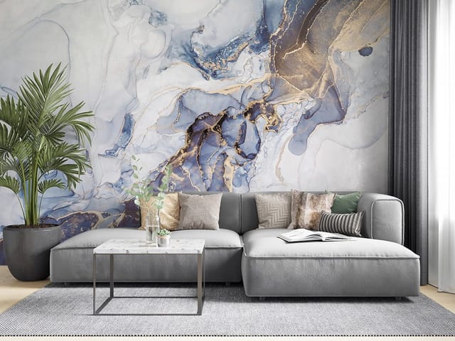 Fototapeta z abstrakcyjnymi wzorami w odcieniach niebieskiego i białego z złotymi akcentami