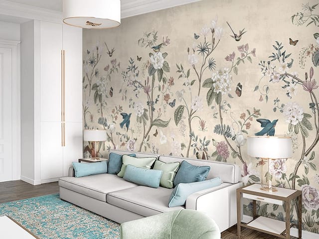 Fototapeta Kwiaty i ptaki na gałęziach (kod: 26766) Fototapeta z delikatnymi kwiatami i ptakami na jasnym tle