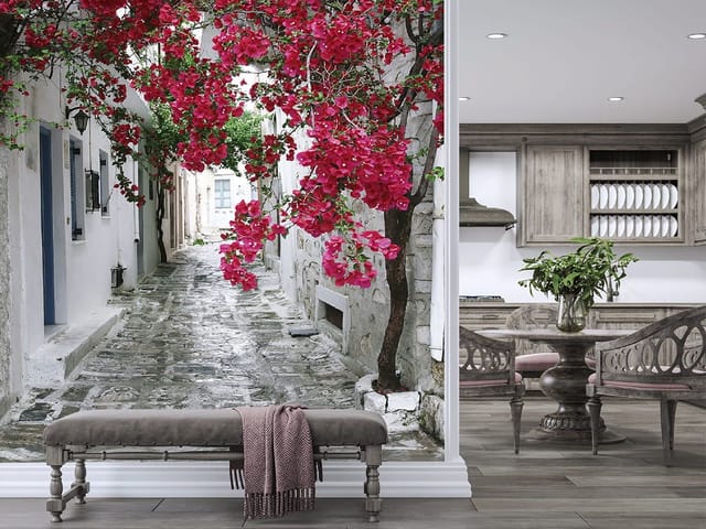 Fototapeta Kwiaty Bugenwilli nad Uliczką