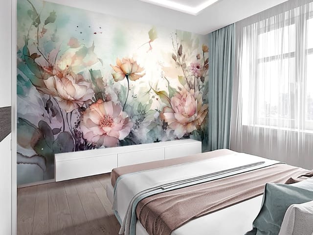 Fototapeta z dużymi kwiatami róż i delikatnymi liśćmi w akwarelowym stylu