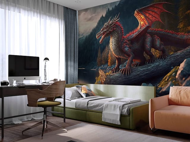 Fototapeta z czerwonym smokiem na pniu drzewa, góry i jezioro