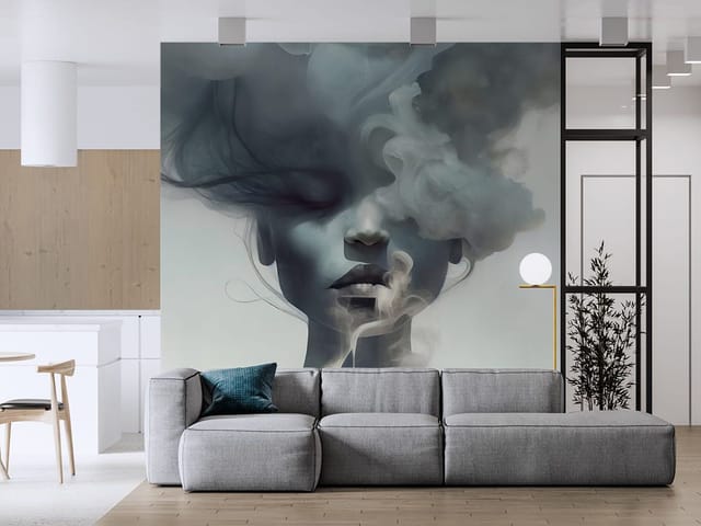 Fototapeta Tajemnicza Twarz Kobiety w Dymie (kod: 26791) Fototapeta z twarzą kobiety otoczoną dymem na abstrakcyjnym tle