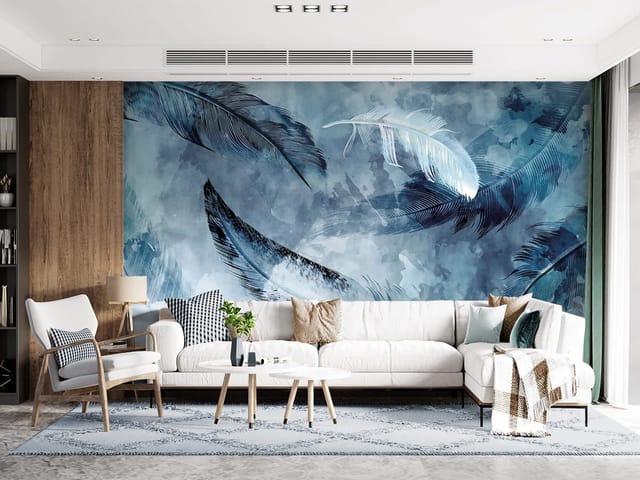 Fototapeta z dużymi piórami na rozmytym niebieskim tle