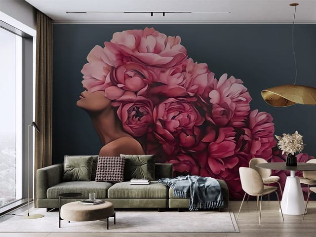 Fototapeta Kobieta z Kwiatami na Głowie (kod: 26796) Fototapeta z kobietą z dużymi różowymi kwiatami na ciemnym tle