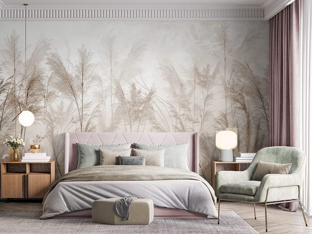 Fototapeta z wysokimi trawami na tle jasnego nieba i kwiatami