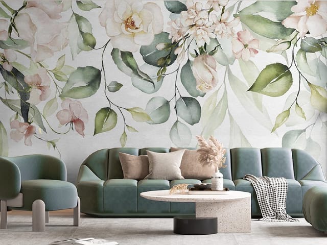 Fototapeta z różami i liśćmi na gałęziach, pastelowe kolory na jasnym tle