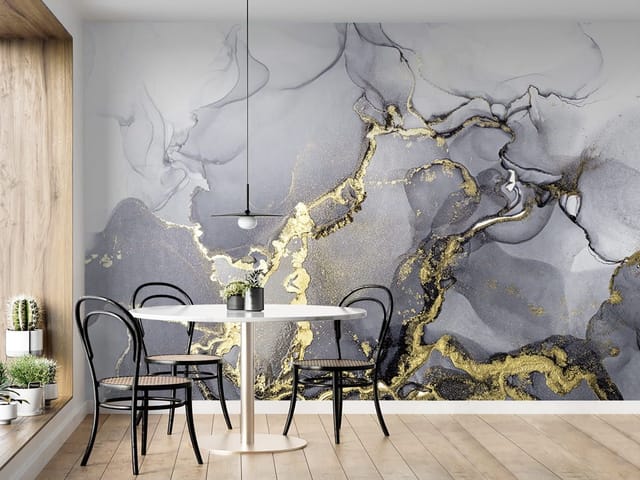 Fototapeta z abstrakcyjnymi wzorami, szare i białe plamy, złote żyłki