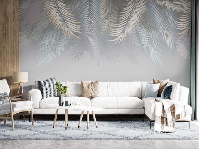 Fototapeta z delikatnymi liśćmi palmowymi na szarym tle, efekt gradientu