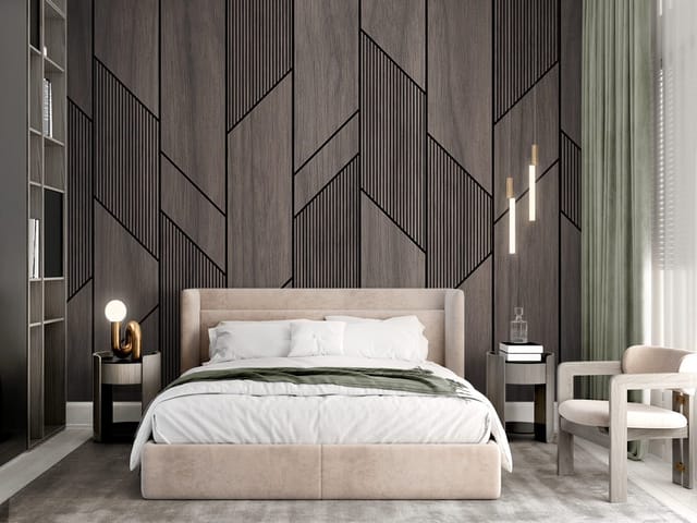 Fototapeta z geometrycznym wzorem na drewnianych panelach z czarnymi liniami