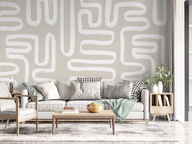 Fototapeta z abstrakcyjnym wzorem krętych białych linii na beżowym tle