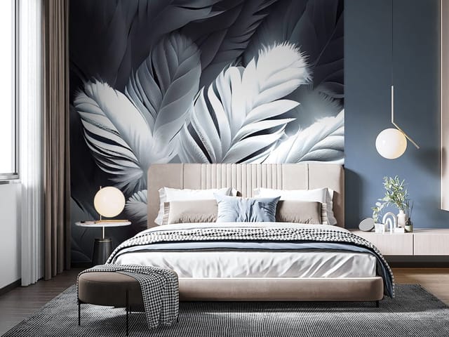 Fototapeta z dużymi białymi piórami na ciemnym tle, z delikatnymi detalami