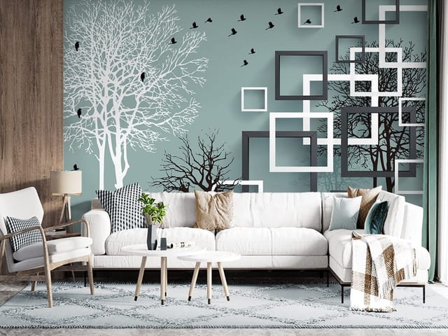 Fototapeta z białymi i czarnymi drzewami w geometrycznych ramkach na jasnym tle