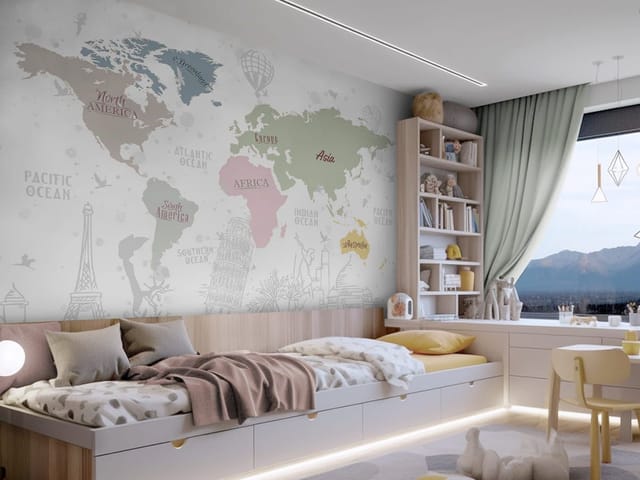 Fototapeta z mapą świata dla dzieci, kontynenty i balony