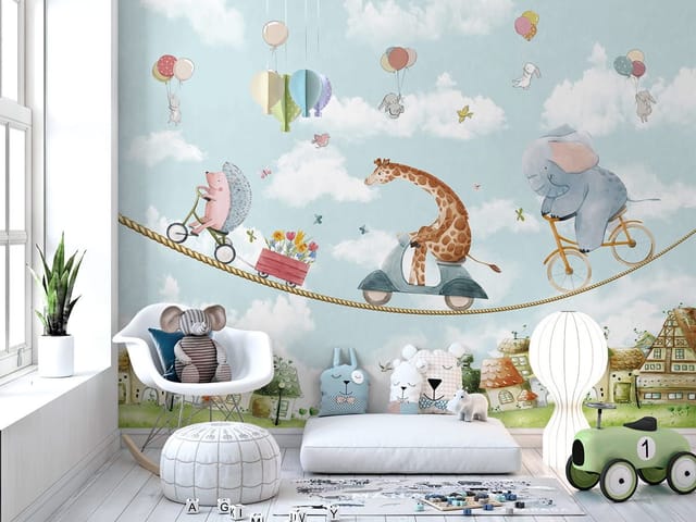 Fototapeta Zwierzęta na linie nad miastem (kod: 26887) Fototapeta Zwierzęta na linie nad miastem