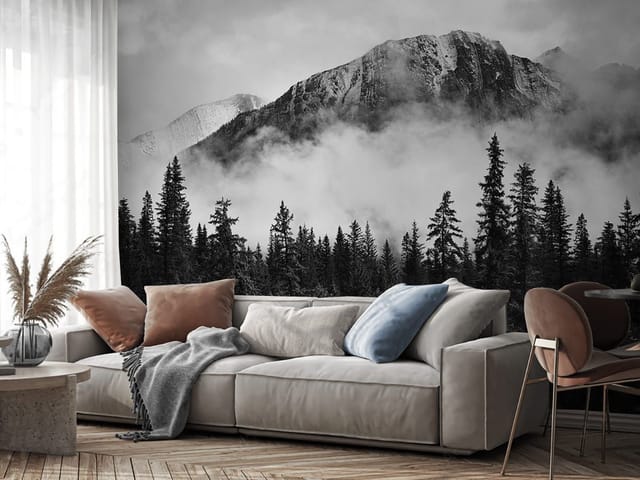 Fototapeta z górskim krajobrazem, ciemne drzewa i mgła