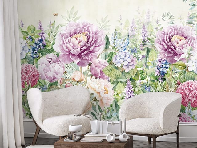 Fototapeta Kwiaty piwonii i hortensji (kod: 26908) Fototapeta z dużymi kwiatami piwonii i hortensji w ogrodzie