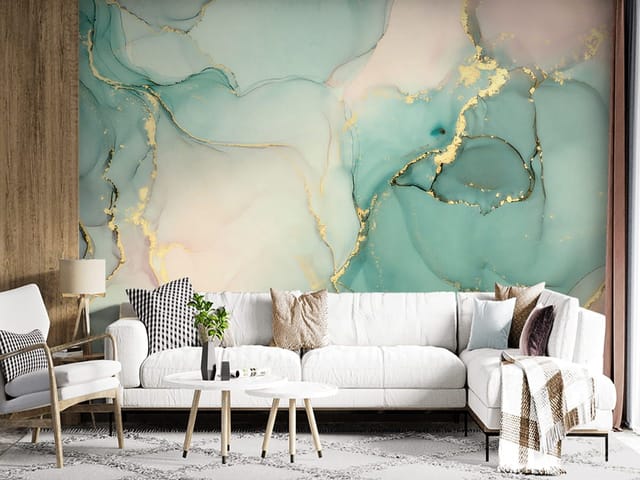 Fototapeta Abstrakcyjne Turkusowe Wzory (kod: 26911) Fototapeta z turkusowymi wzorami i złotymi akcentami, płynne linie