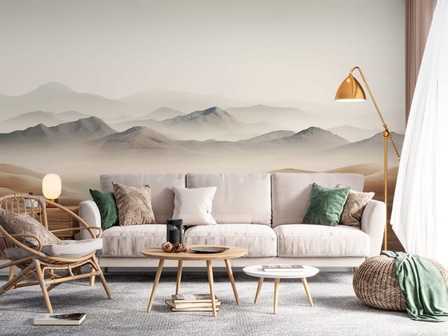 Fototapeta Górzysty krajobraz z wydmami (kod: 26917) Fototapeta z górzystym krajobrazem i piaskowymi wydmami oraz mgłą