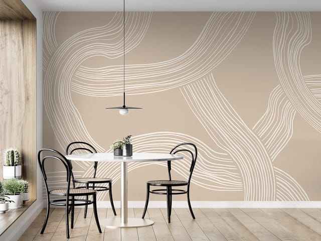 Fototapeta z abstrakcyjnymi białymi liniami na beżowym tle, tworzącymi wzory