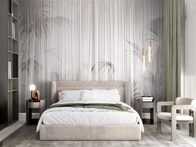 Fototapeta z cieniami liści palmowych na jasnej zasłonie z subtelnymi przejściami tonalnymi