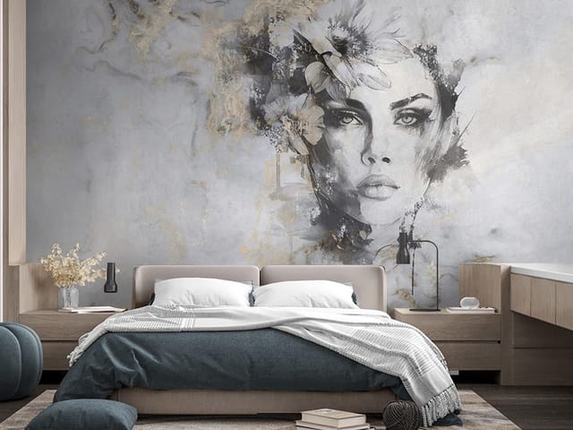 Fototapeta Kobieta z kwiatami w szarościach (kod: 26932) Fototapeta z twarzą kobiety i kwiatami na abstrakcyjnym tle