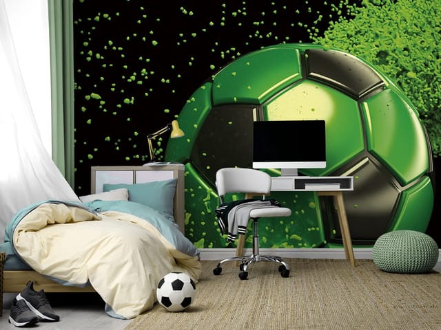 Fototapeta Zielono-czarna piłka w ruchu (kod: 26939) Fototapeta z zielono-czarną piłką nożną w ruchu na czarnym tle